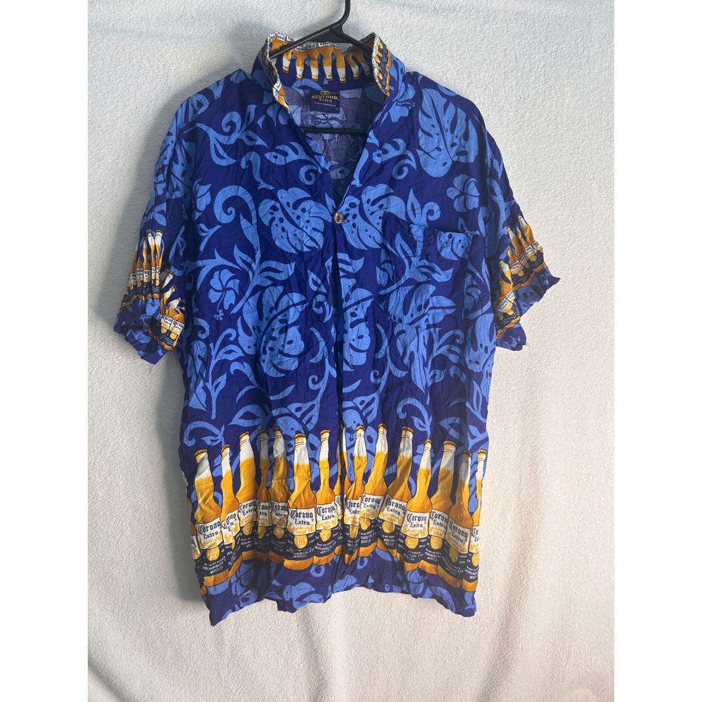 Corona Extra Mens Hawaiian Shirt XL Blue Tropical Beer Bottle Print Rayon Top
